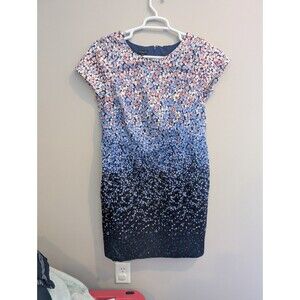 Talbots Womens 14p Sheath Dress Ombre Floral Blue Pink Cap Sleeve Career Office